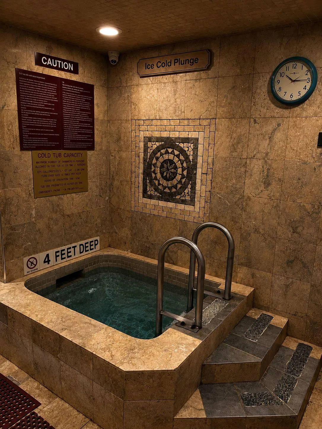 The ice cold plunge: a four-foot-deep tiled pool with steel rails, steps and a mosaic medallion on the wall.
