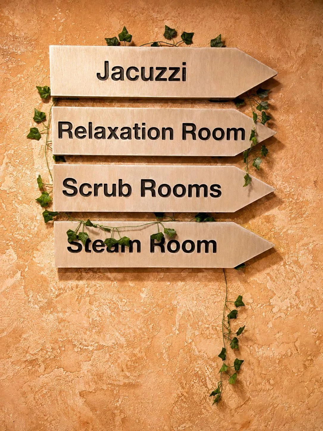 Wayfinding signs on a plaster wall: Jacuzzi, Relaxation Room, Scrub Rooms, Steam Room.