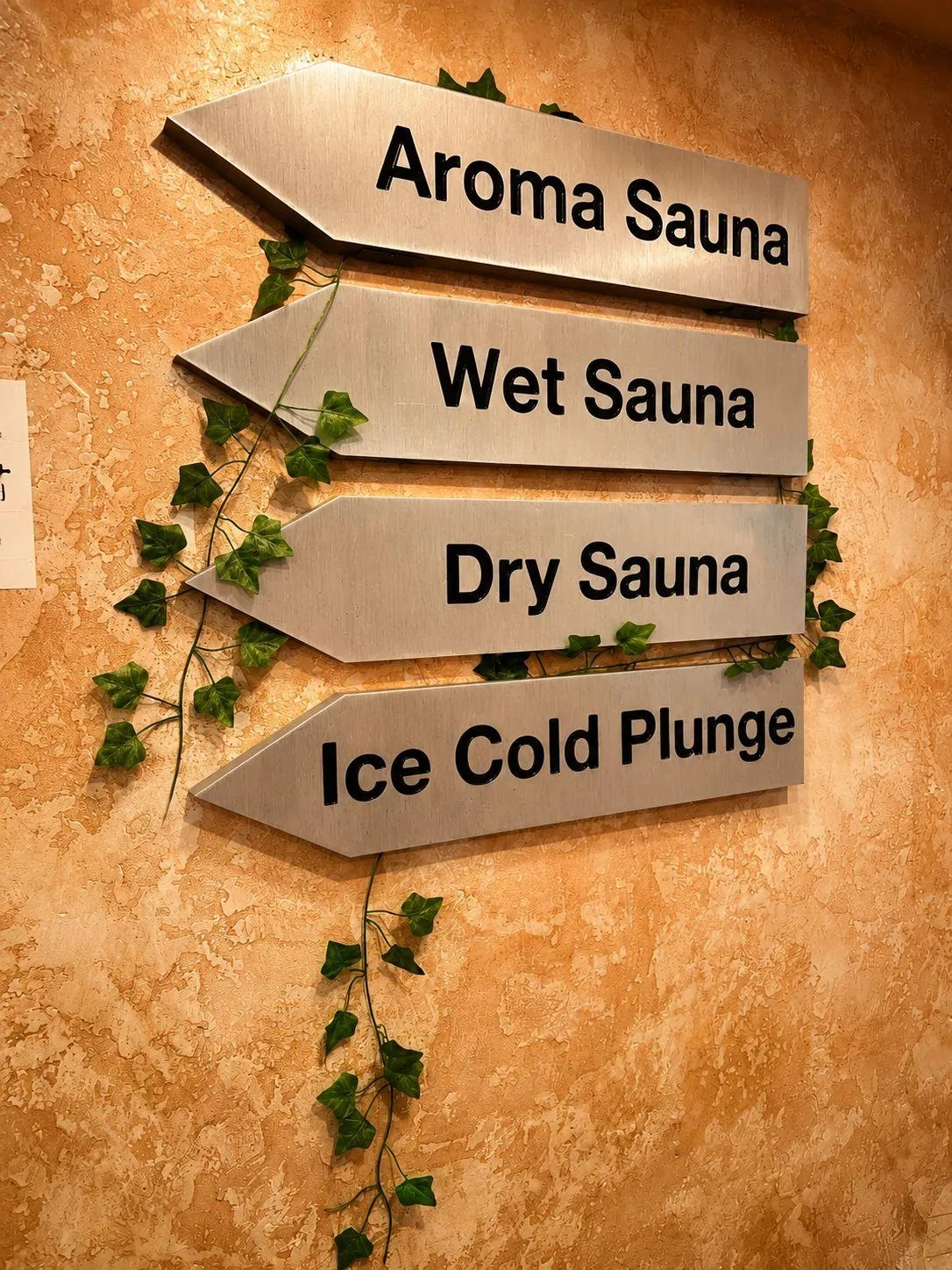 Wayfinding signs for the aroma, wet and dry saunas and the ice cold plunge.