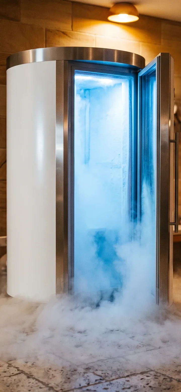 BRC's cryotherapy chamber standing open in a travertine room, vapour spilling across the floor.