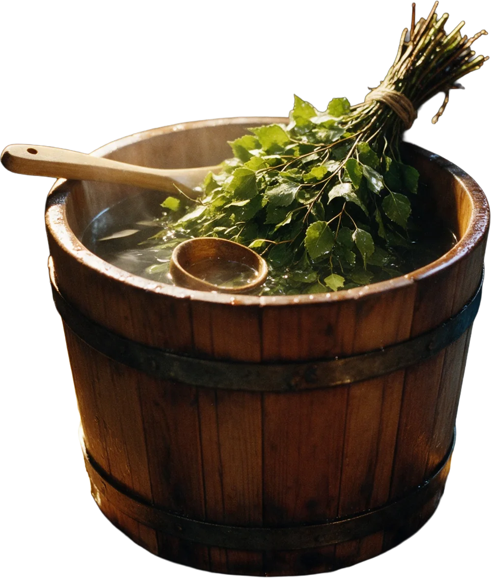 A wooden bucket on the sauna bench with a birch venik soaking in hot water and a ladle across the rim.